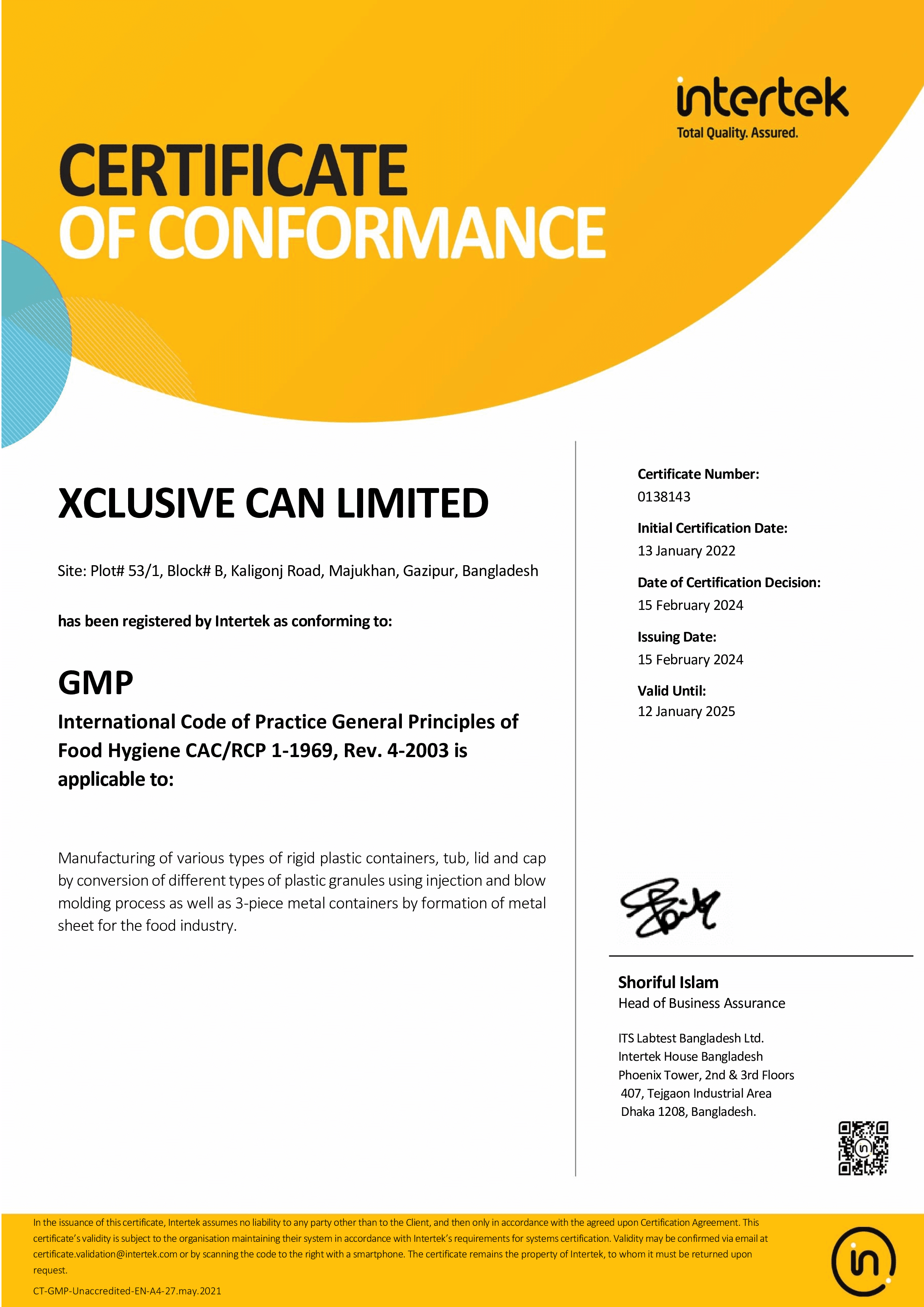 International Code of Practice General Principles of Food Hygiene certificate image