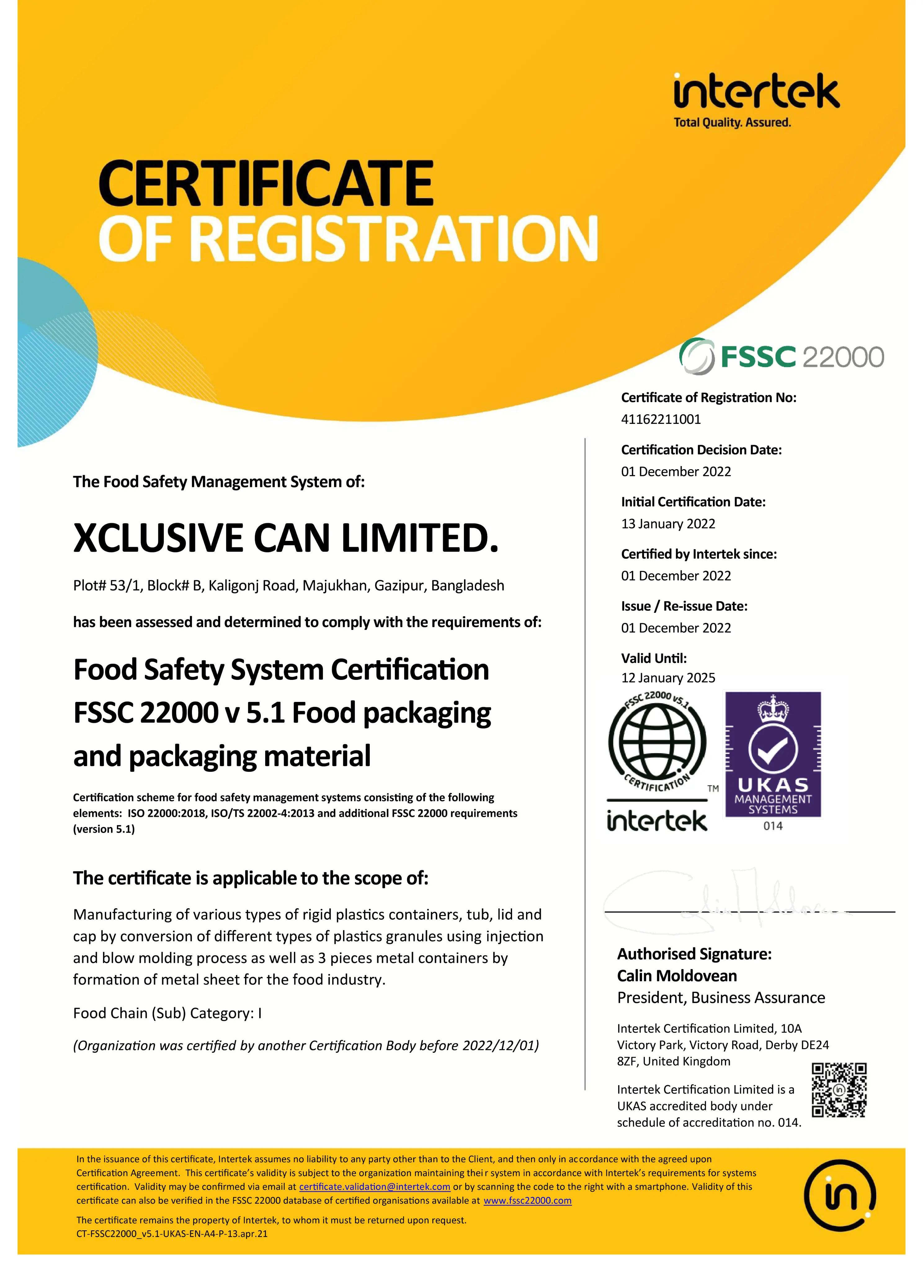 Food Safety System Certification certificate image